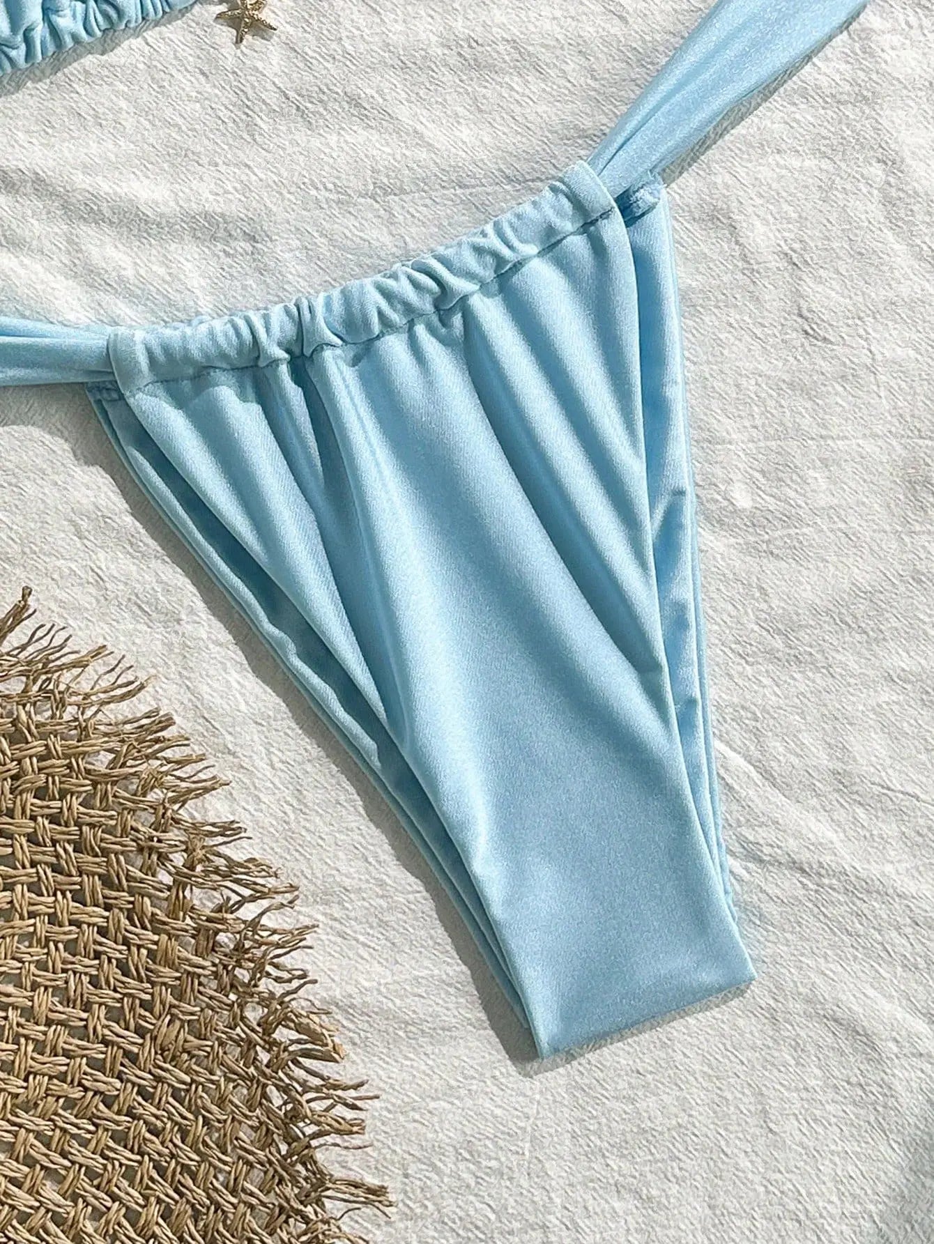 Sexy Starfish Ornament Bikini Set 2026 Women Sky Blue Pleate Push Up Bra Pleate Thong Swimwear Beach Bathing Suit Micro Swimsuit