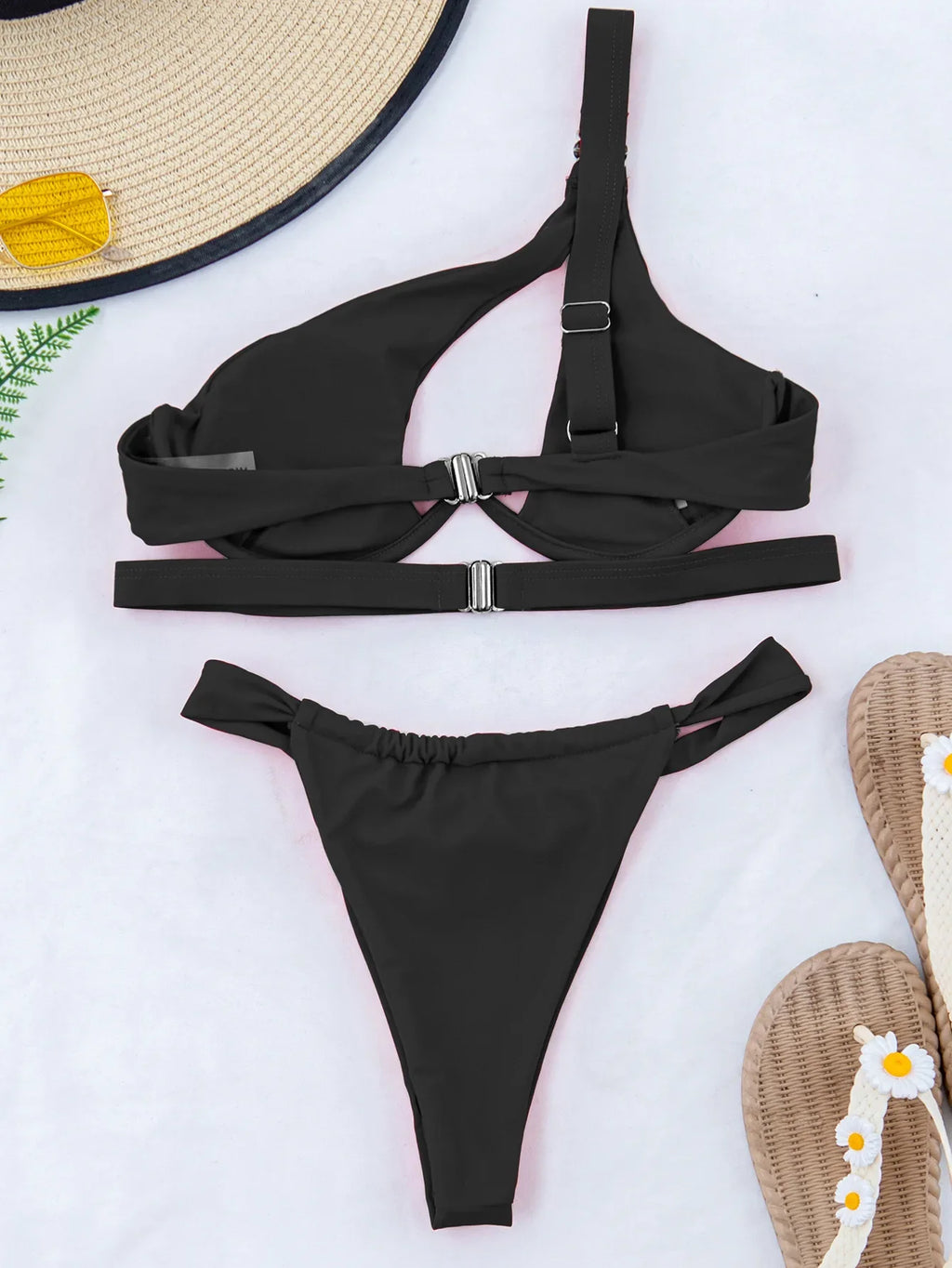 DEKA One Shoulder Bikini Set Women Solid Push Up Underwired Swimwear Beach Wear Thong Swimsuit Biquini Pleated Bathing Suits