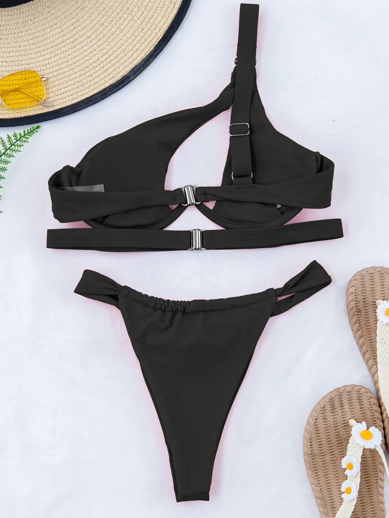 DEKA One Shoulder Bikini Set Women Solid Push Up Underwired Swimwear Beach Wear Thong Swimsuit Biquini Pleated Bathing Suits