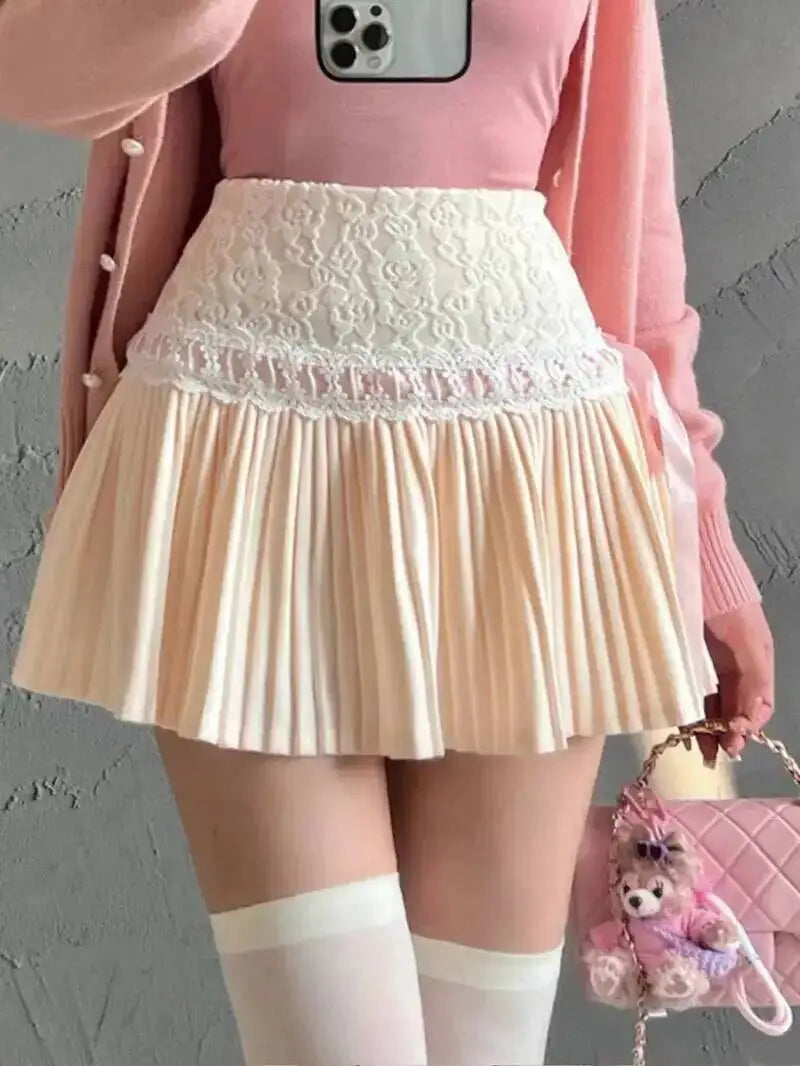 Design Sense Pure Love Girl Pink Cake Skirt Exquisite Sweet Lace Splicing Pleated Skirt Short Skirt Sweet Korean Women 2QEB