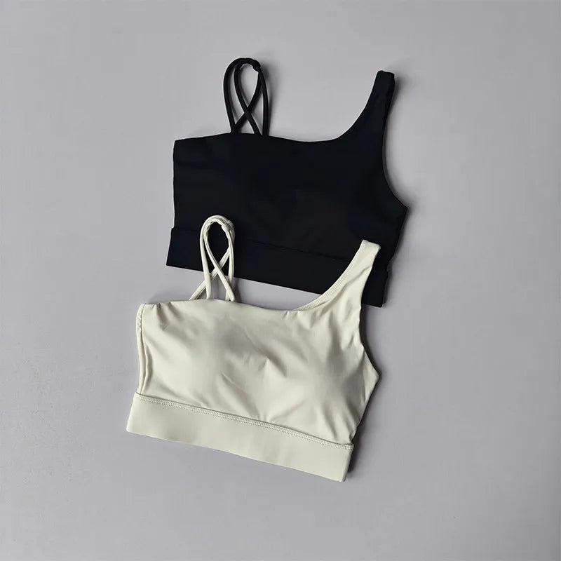 Women's Irregular Shoulder Strap Yoga Sports Bra Shockproof One-Piece Cup Running Vest for Training Fitness And Yoga