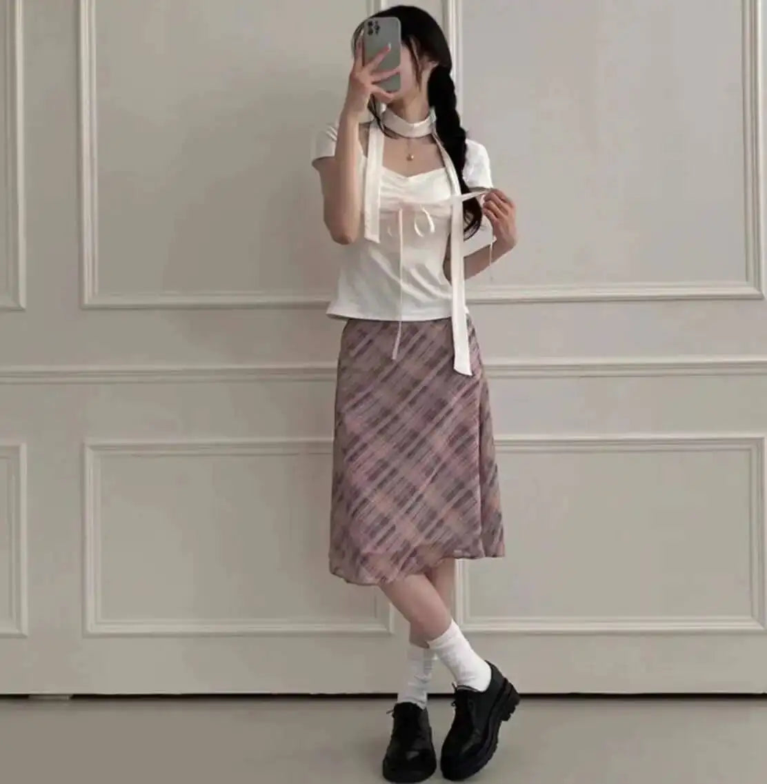 Sweet Skirts Chic Plaid Mini Skirt High Waist A-Line Korean Sle Commute Spring New Arrival Women's Fashion Mid-Length Skirts I3G