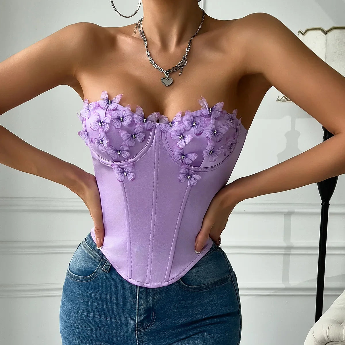 Hot girl's low-cut butterfly tube top rhombus underwired fishbone top