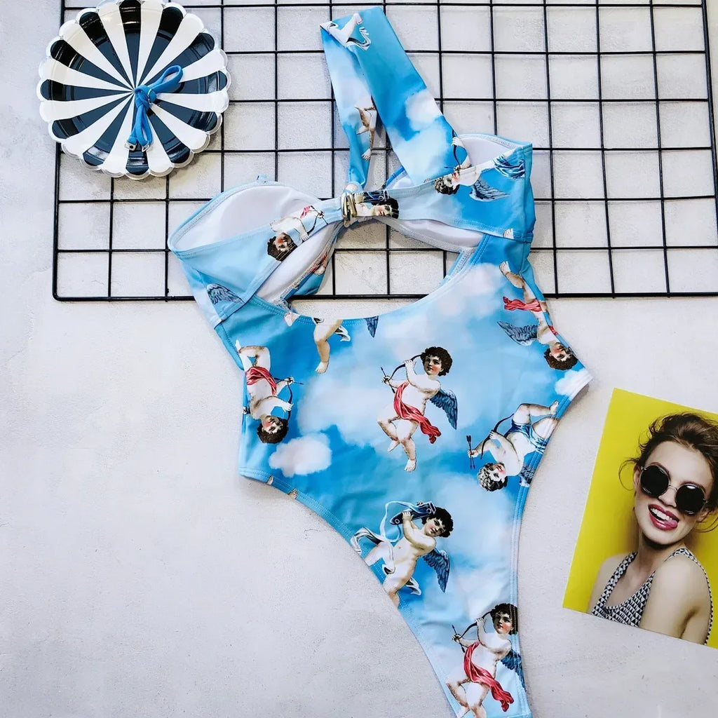 2026 Sexy One Piece Swimsuit Swimwear Women Hollow Cupid Print One-piece Bathing Suit Beachwear Banadores Costumi Da Bagno Donna