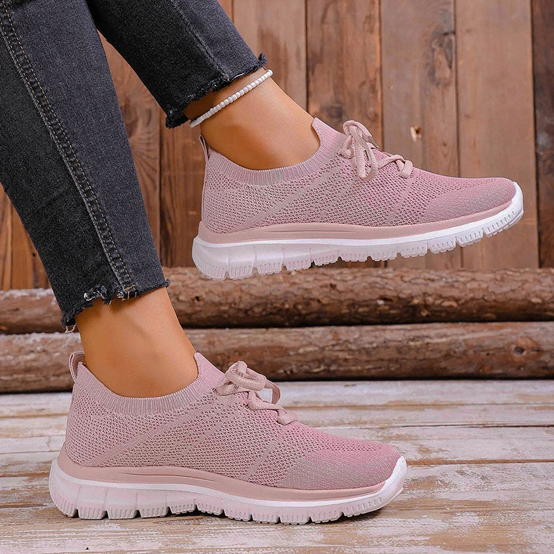 Breathable Mesh Sports Flat Shoes Women Plus Size 43 Slip On Knitted Platform Sneakers Woman Comfortable Soft Sole Running Shoes
