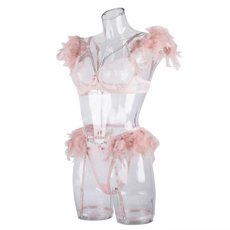 Toucheart 4 Piece Set Fun Lingerie For Women Feather Lace Splicing Chain Sexy Slim Mesh See-Through Sexy Lingerie Garters Suit