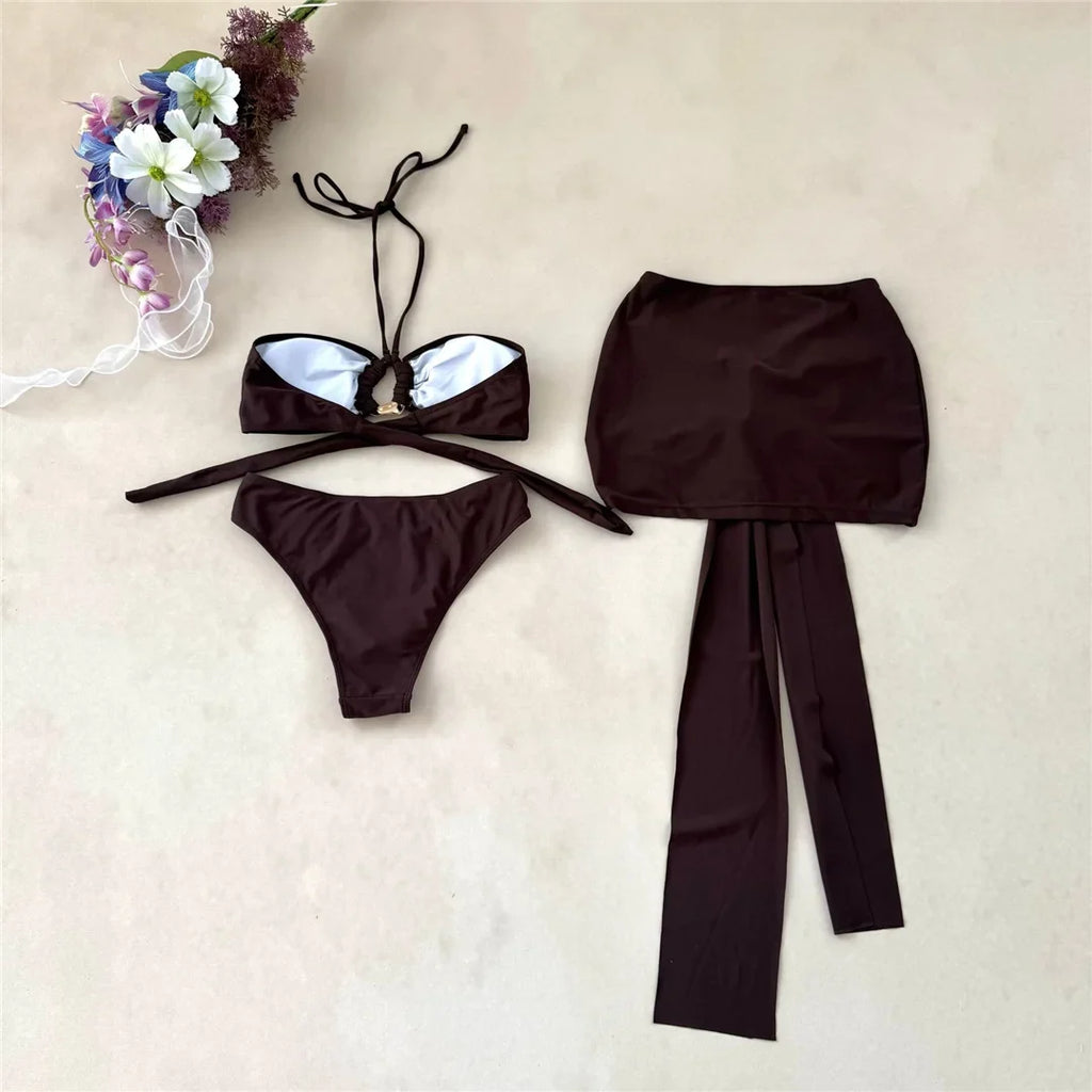 3PCS With Skirt Halter Metal Ring Bikini Female Swimsuit Women Swimwear Three-pieces Bikini set Bather Bathing Suit Swim K7157