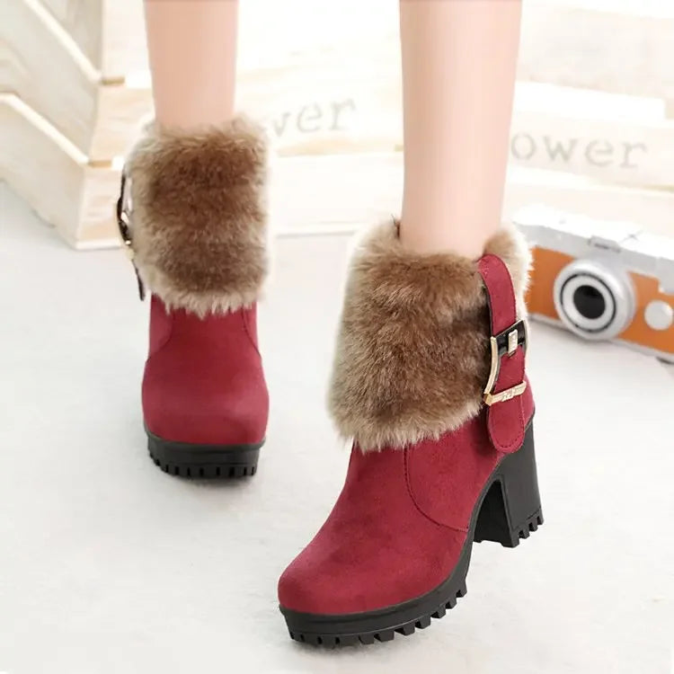 Square heel women winter shoes classic buckle warm fur snow ladies boots high heels black platform ankle boots women botas 362