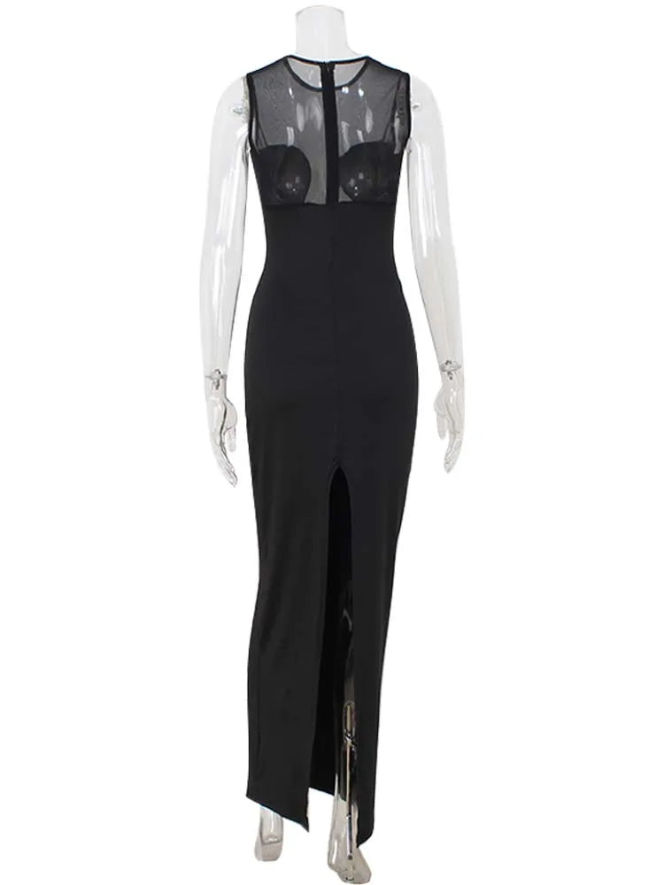 Ahagaga Summer Sexy Club Women Maxi Dresses Mesh Patchwork Sheer O-Neck Elegant Sheath Split Bodycon Party Elegant Vestidos
