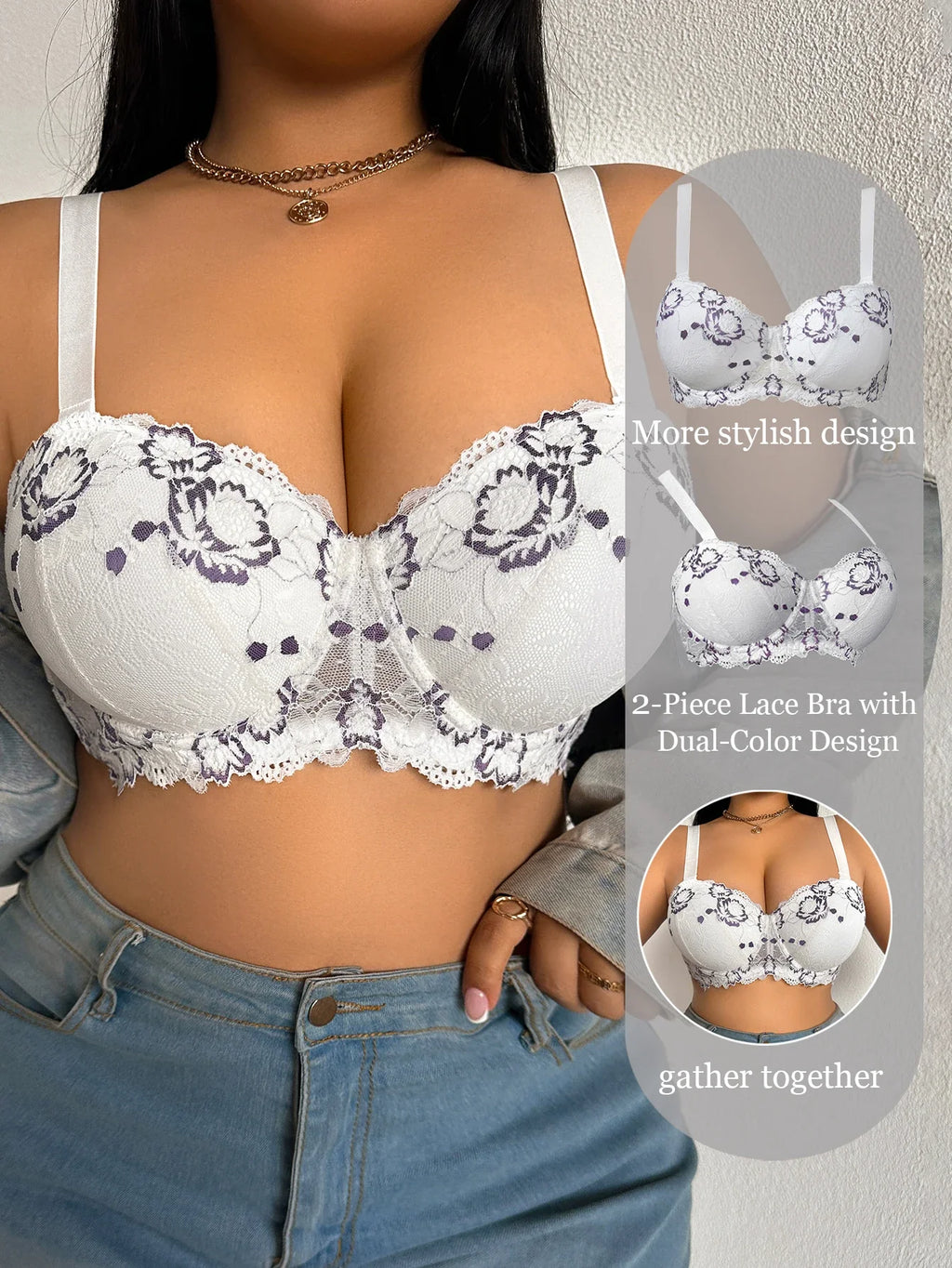Floral Plus Size Women Bra Lace & Embroidery Push up Bra Comfort Thin Cup Underwire Support Lingerie Bra