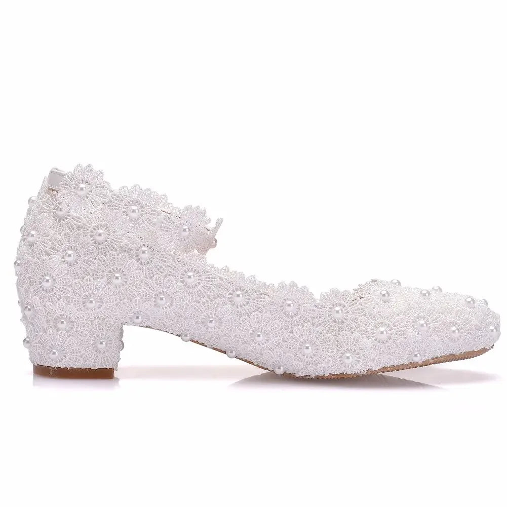 Women 3CM High Heels White Lace Pearl Wedding Shoes Sexy Bride Party  Pointed Toe Shallow Mouth Pumps Shoe Bridesmaid  Pink