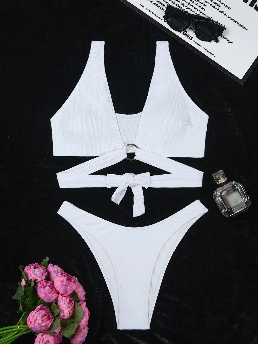 2026 Ring Linked Bikini Solid Bandage Swimwear Female Sexy Swimsuit Women Bathers Bathing Swimming Swim Suit Beachwear