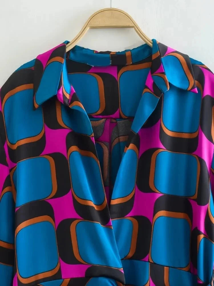 Foridol Side Split Women Fashion Geometric Print Blue New In Shirt Wrap Dress Women Long Sleeve Bowknot Maxi Long Vestido Robe