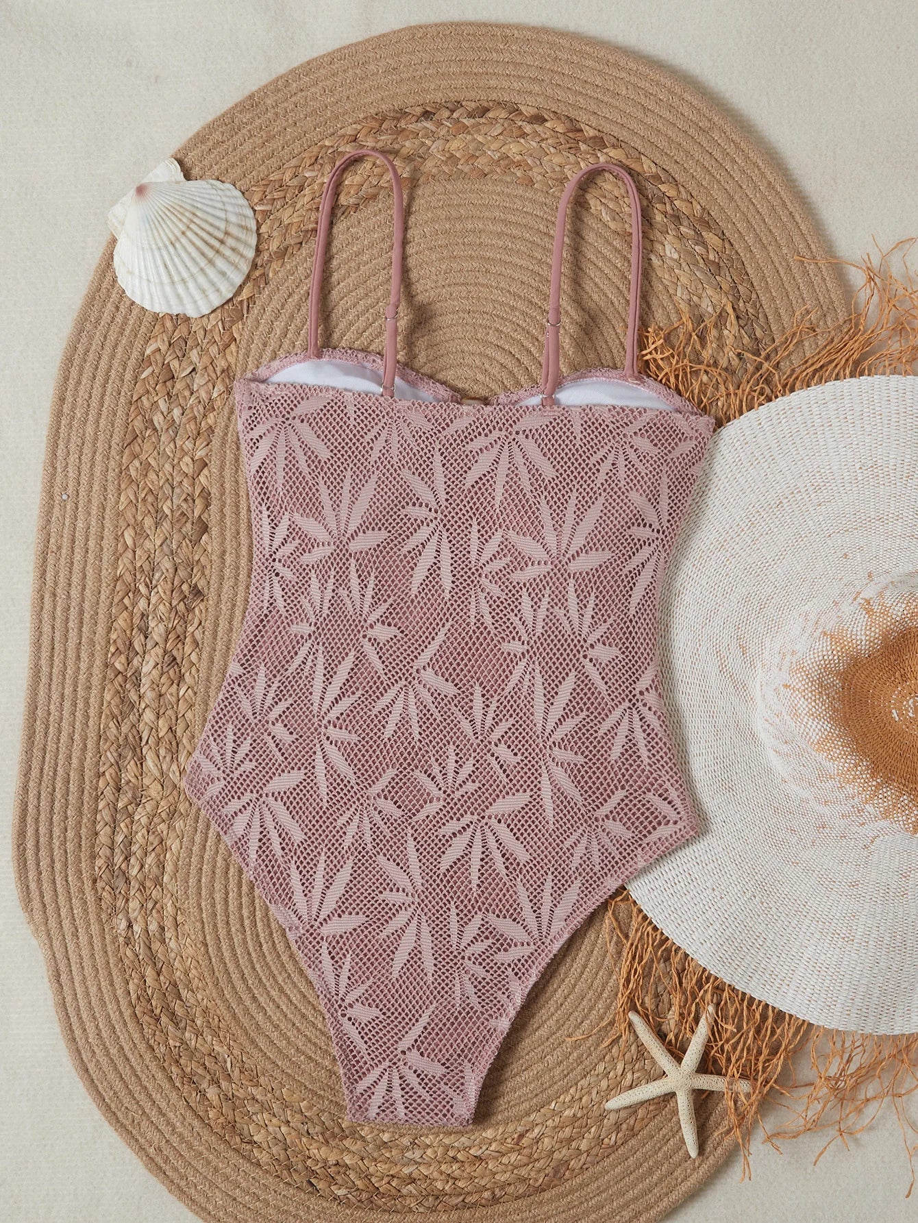2026 Vintage Coffee Leaves Print One Piece Swimsuit Women Beaded String Hollow Out Backless Mesh Slim Fit Tummy Control Swimwear