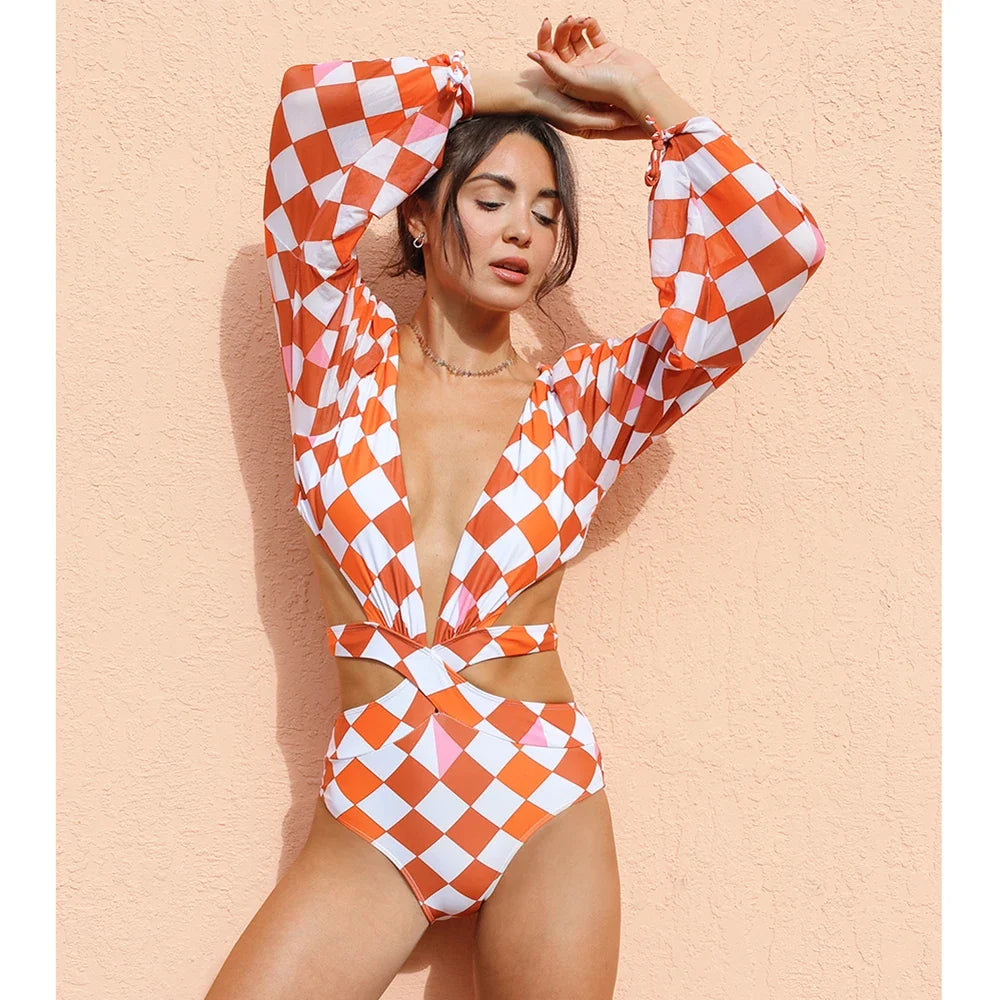 One Piece Swimsuit Sexy Long Sleeve Tropical Print Swimwear Women Bandage Monokini Hollow Out Bathing Suit String Beachwear 2023