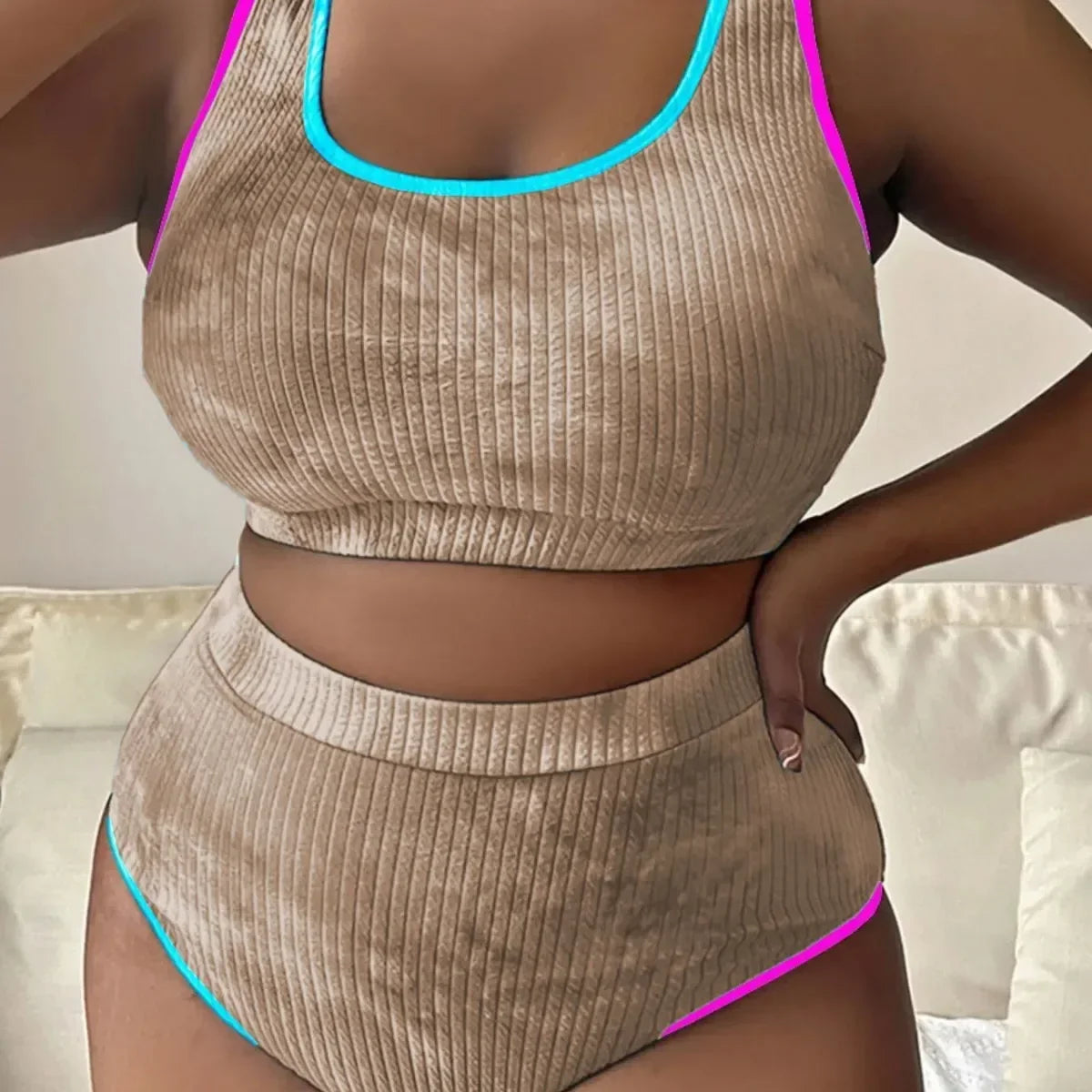 Large Size 3XL Women's Patchwork Swimsuit Sexy Backless High Waist Swimwear Textured Bikini Set Female Beachwear Holiday Biquini
