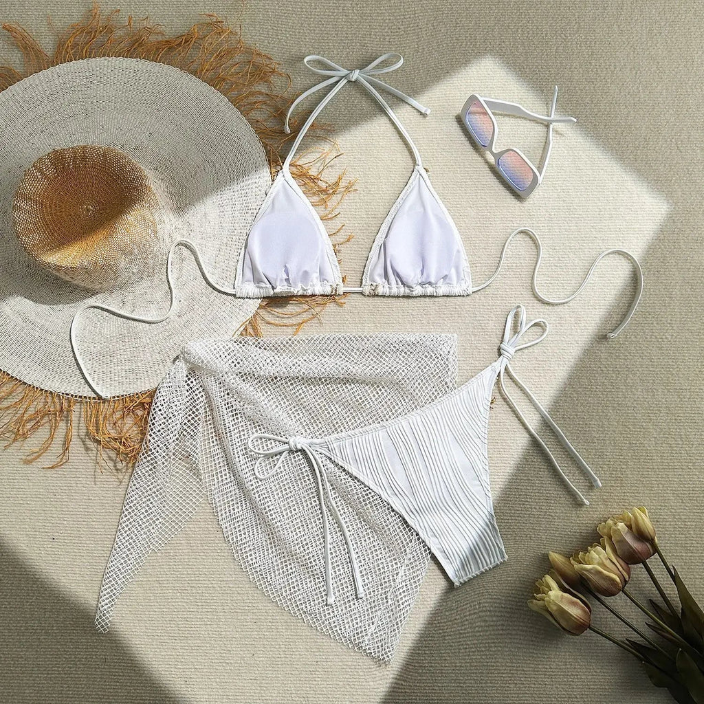 With Mesh Sarong Wrinkled Halter Shell Bikini Female Swimsuit Women Swimwear Three-pieces Bikini Set Bathing Suit Swim Beachwear
