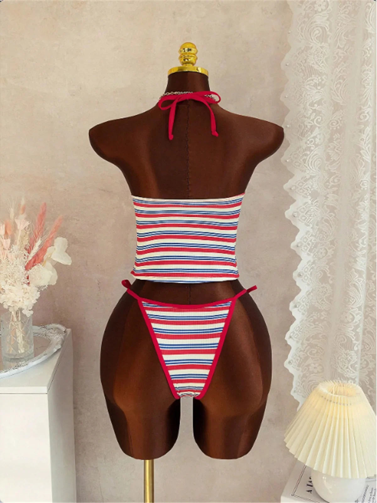 S - XL Striped V Neck Tankini Halter Bikini Female Swimsuit Women Swimwear Bather Bathing Suit Swim Two-pieces Bikini set K8110