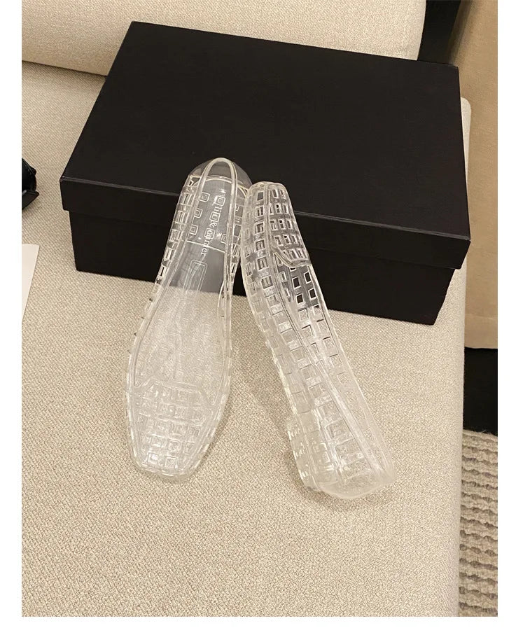 New 2025 Women Fashion Jelly Shoes Summer Cut-out Flat Sandals, Soft PVC Casual Square Toe Girls Daily Walking Sandalias