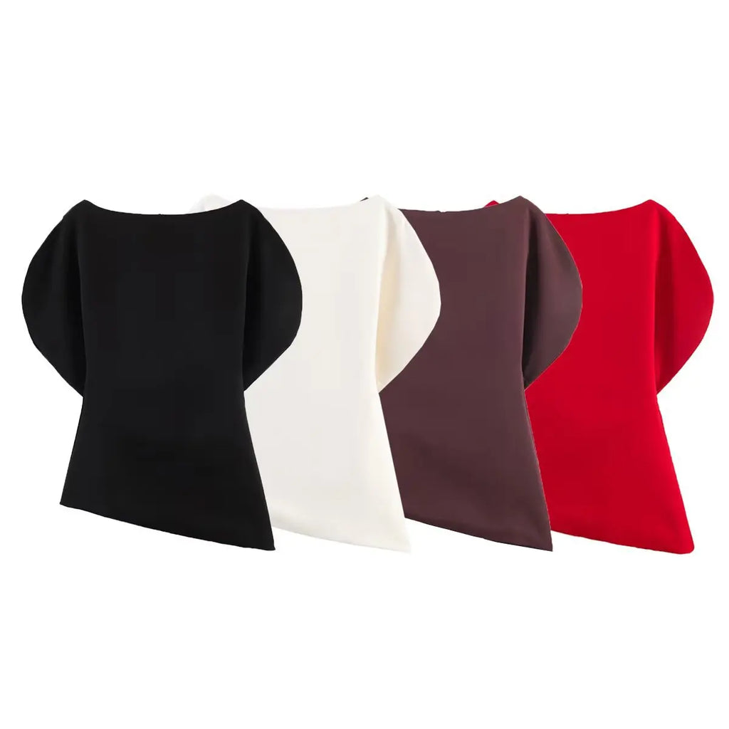 Women's Fashionable Elegant Versatile Puff Sleeve Top Women Boat Neck Puff Sleeve Hem Blouse Solid Color Slim Fit Top ASH4