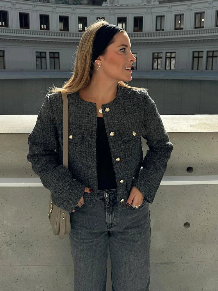 Foridol Tweed Knitted Dark Grey Blazer Coat Women Autumn Winter Gingham Short Coat Office Lady Vintage Buttons Veste