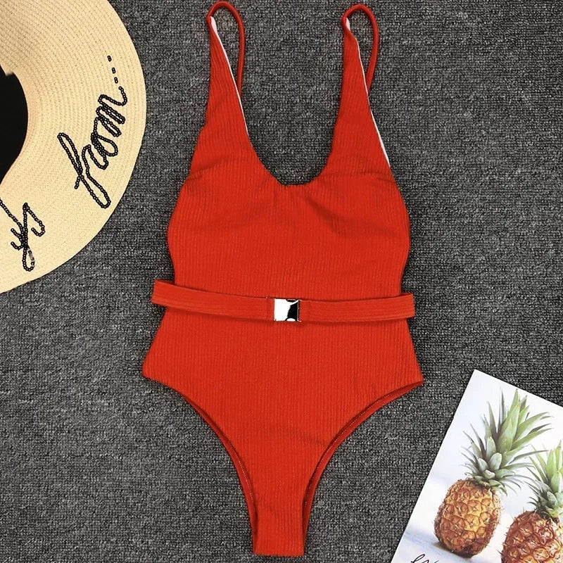 V Neck Ribbed High Cut Women Swimwear One Piece Swimsuit Female Backless Monokini with Waist Belt Bathing Suit Swim Beachwear