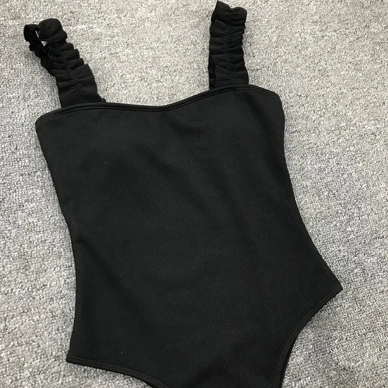 Ribbed Ruffled Frilled Trim Female Swimwear One Piece Swimsuit Women Monokini High Leg Cut Bathing Suit Swim Bodysuit Beach Wear