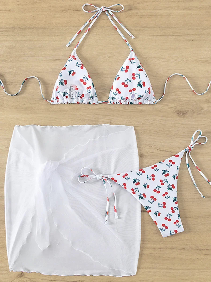 XS - L Cherry Print Halter Strappy Bikini Female Swimsuit Women Swimwear Two-pieces Bikini Set Tie Side Bather Bathing Suit Swim