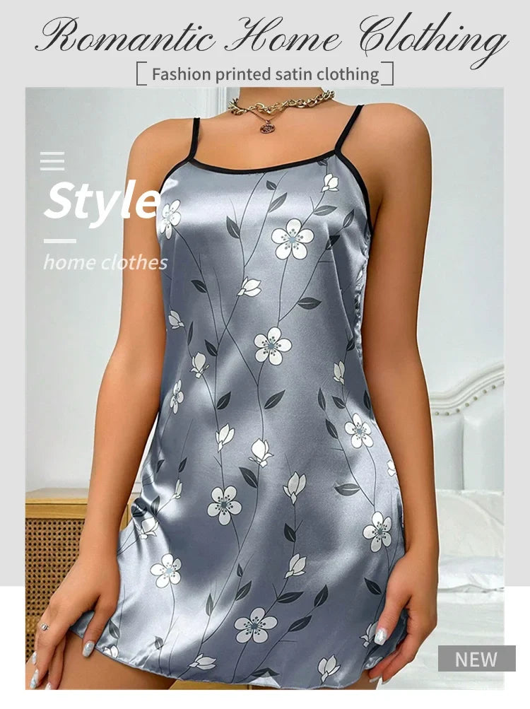 Women's Sleepwear Summer Floral Print Satin Nightgown Casual Sleeveless Backless Slip Night Dress Sexy Nightdress Home Clothes