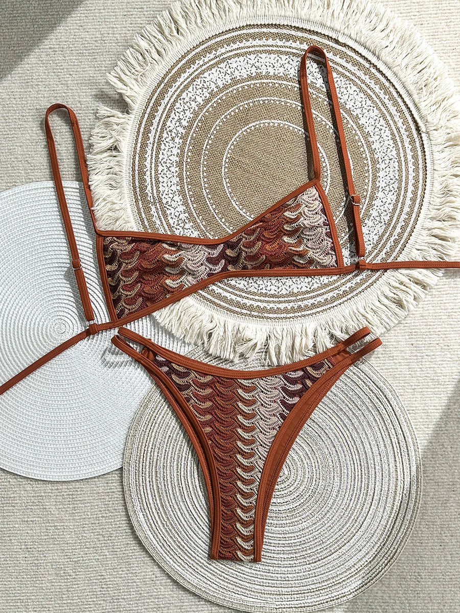 2026 Printed Crochet Bikini Women Swimsuit Female Swimwear Two-pieces Bikini Set High Leg Cut Bather Bathing Suit Swim Beachwear