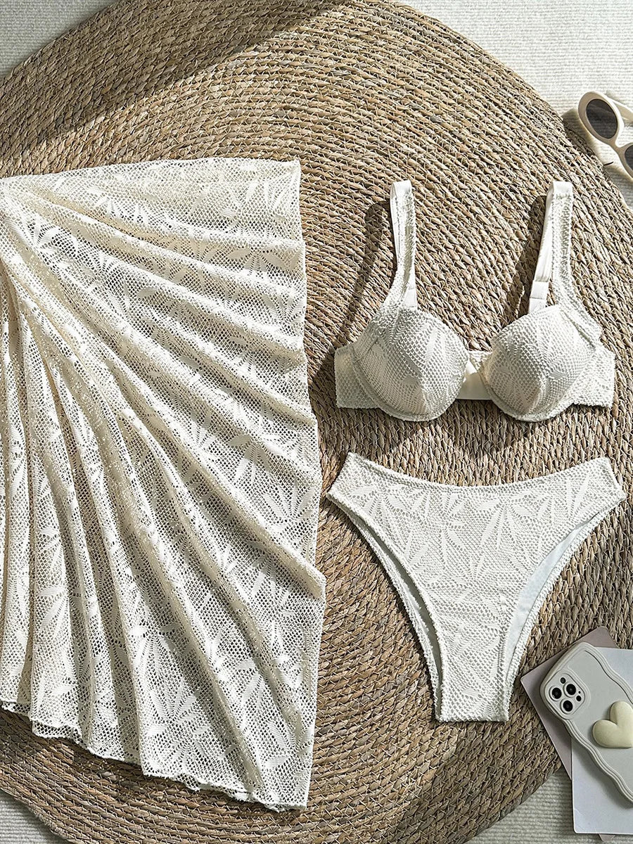 With Mesh Skirt Underwired Bra Cup Bikini Women Swimwear Female Swimsuit Three-pieces Bikini Set Bathing Suit Swim Beachwear