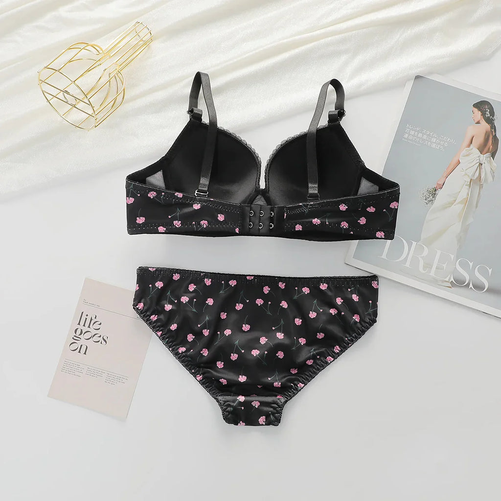 Two Piece Women Underwear Set With Floral Print Design 3/4 Cup Hood Gathered And Matching Triangle Underwear Sexy Lingerie A2169