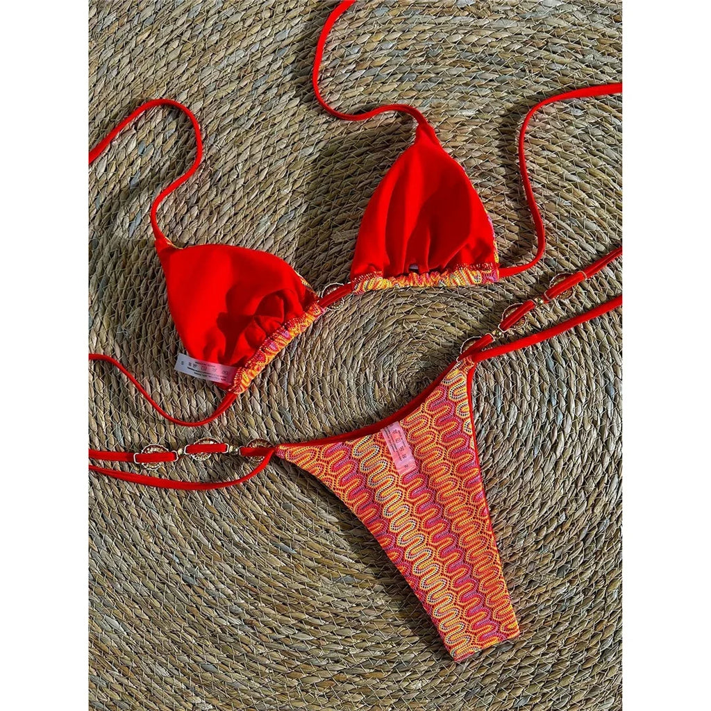 Printed Halter Bikini Female Swimsuit Women Swimwear Two-pieces Bikini set High Cut Leg Strappy Bather Bathing Suit Swim V7939