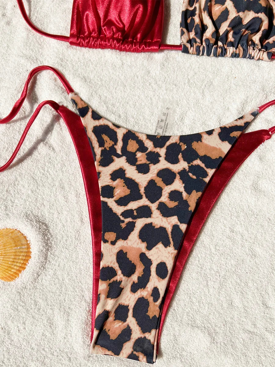 Halter Splicing Leopard Bikinis 2026 Satin Bikini Female Swimsuit Women Swimwear Two-pieces Bikini Set Micro Bathing Suit Swim