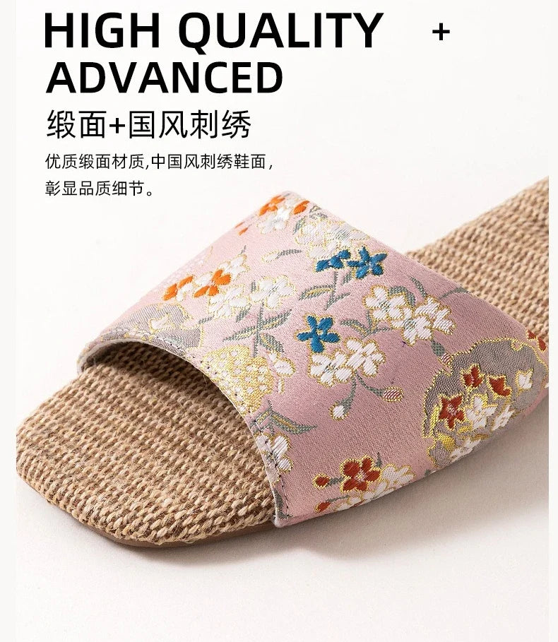 Breathable Indoor Linen Slippers For Women Men Home Floor Shoes Chinese Style Emrobidery Anti-slip Couples House Bedroom Slides