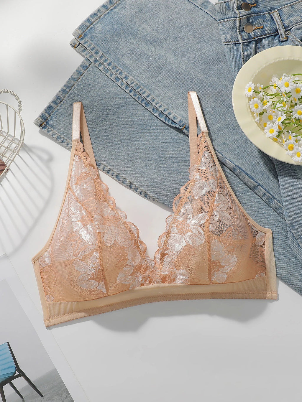 Women's sexy lace flower bra without steel ring gathered push up breathable shoulder straps adjustable bra MR3042