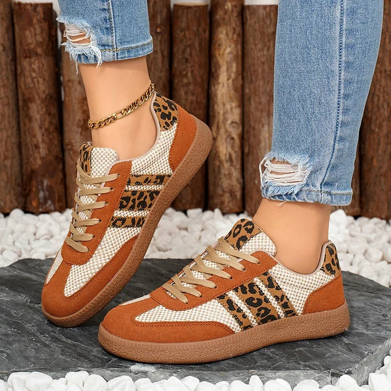Leopard Stripe Lace Up Flats for Women Plus Size 42 Platform German Training Shoes Woman Non-Slip Thick Sole Sport Running Shoes