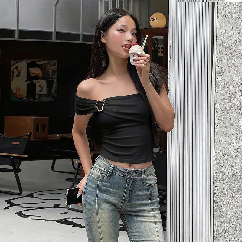 FDYOUI 2026 Woman Off Shoulder Irregular Tank Tops Elegant Sexy Sleeveless Slim T-shirt Ladies Backless Crop Top Y2K Streetwear