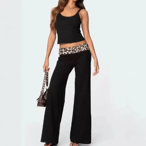 Women's spring and summer leopard print stitching micro-flared high-waisted casual trousers