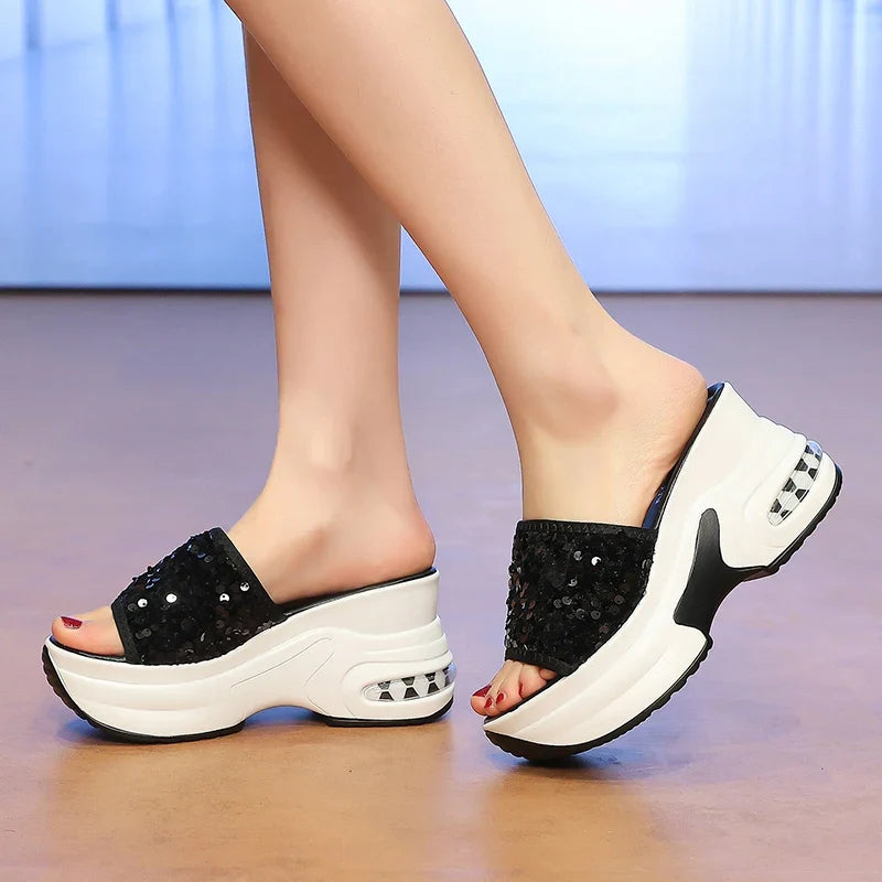 Wedge Heel Silver Sequin Sandals Women 2026 Fashion 9Cm Chunky Heeled Slippers Woman Plus Size 42 Thick Sole Platform Sandles