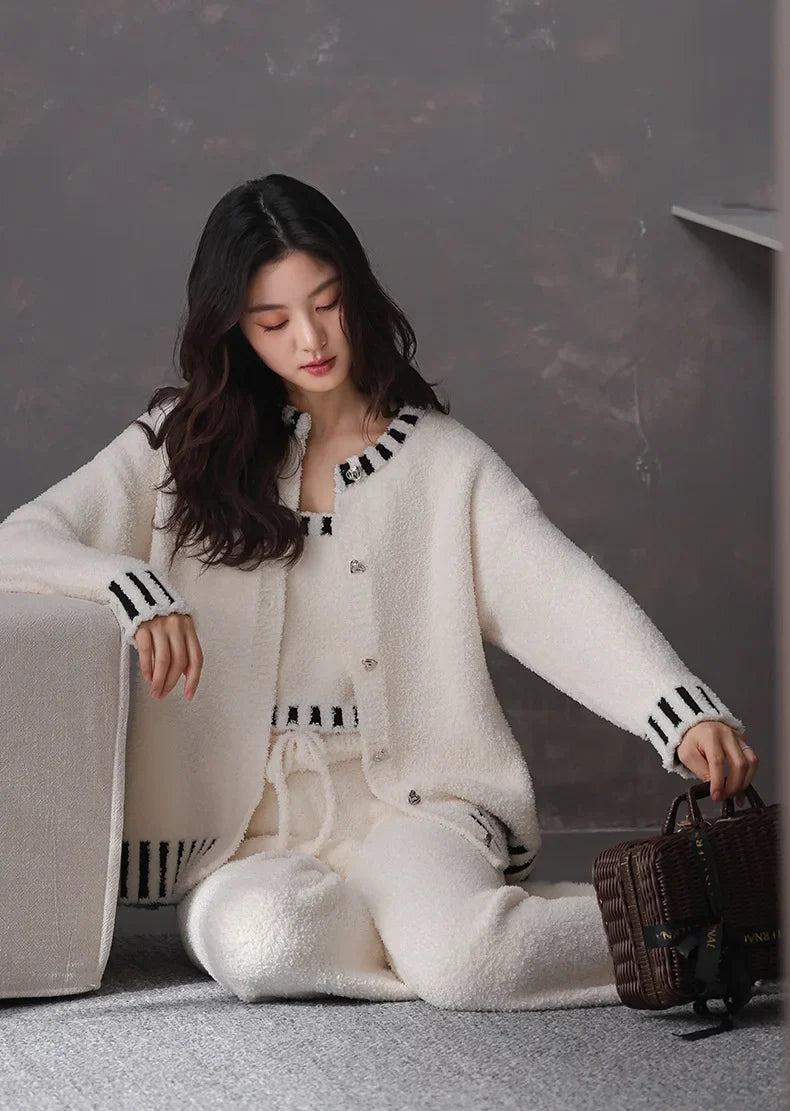 Women's Autumn and Winter Pajamas 3-Piece Set Soft and Half Velvet Thickened and Warm