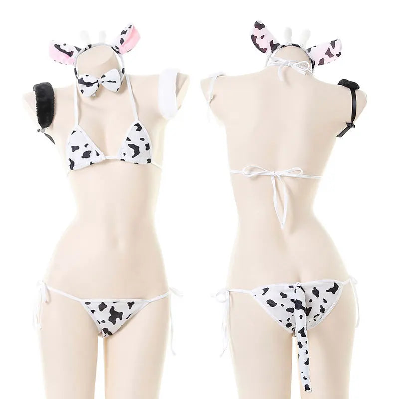 Sexy Cos Cow Cosplay Costume Maid Lolita Bra and Panty Set Stockings Erotic Lingerie Onlyfans Women Naughty Bikini Set
