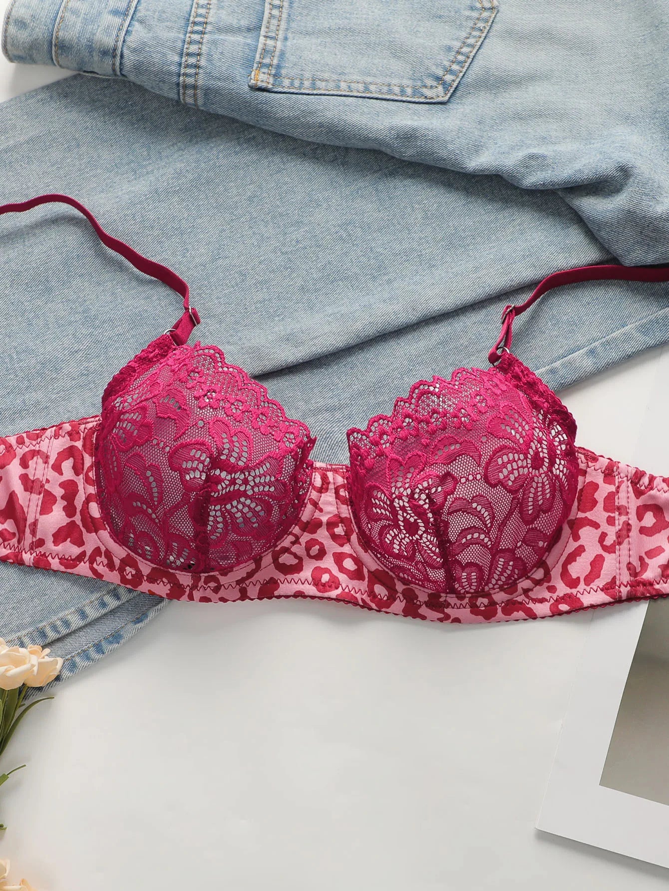 Lace Transparent Underwear Sets for Women Sexy Lingerie Fairy Embroidery Brief Sets Delicate Pink Leopard Push Up Bra A3131