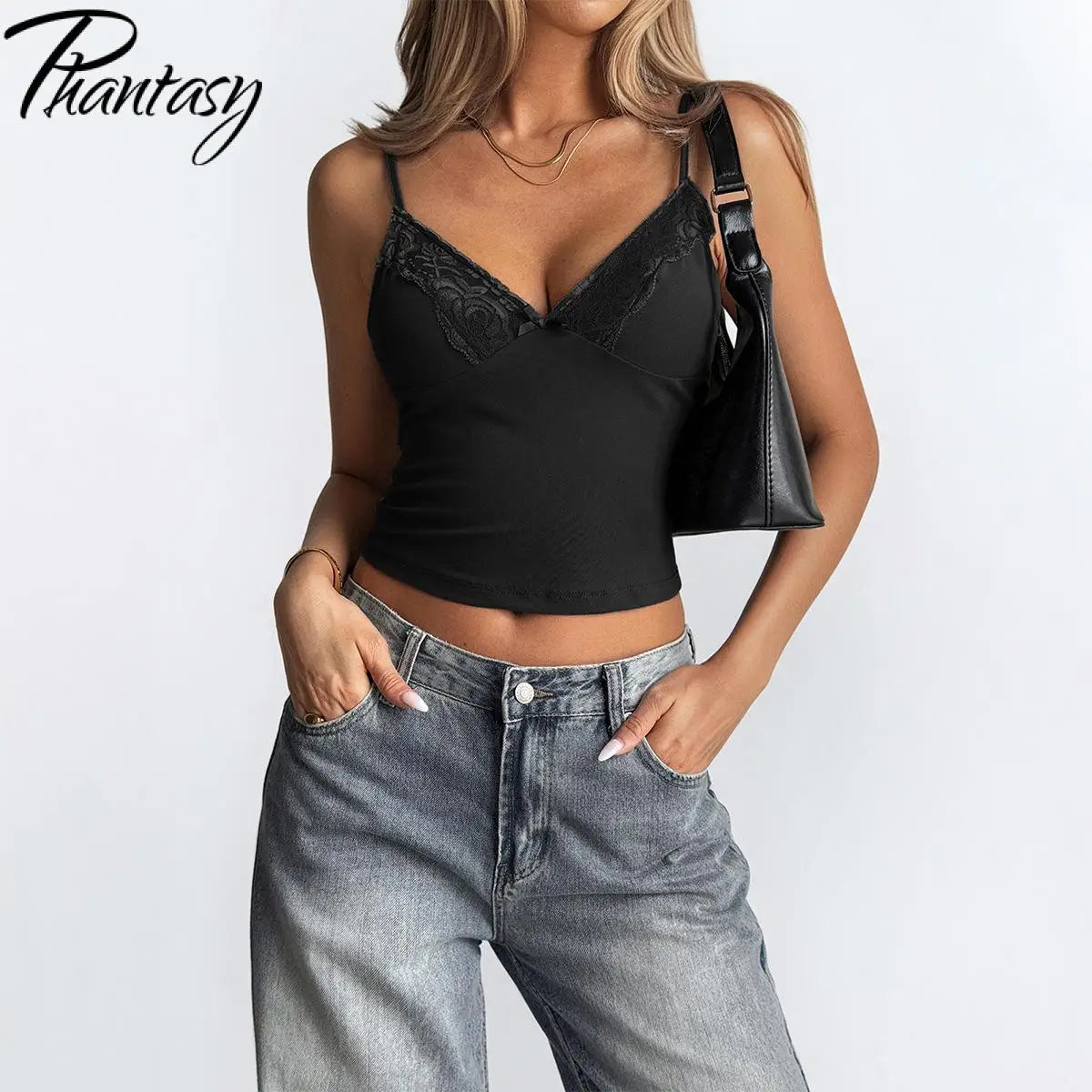 Phantasy Women Y2K Black Camisole Sexy Spicy Girl Style Solid Color Suspender Lace Vest Retro Women's Tanks 2026 Summer Outfit