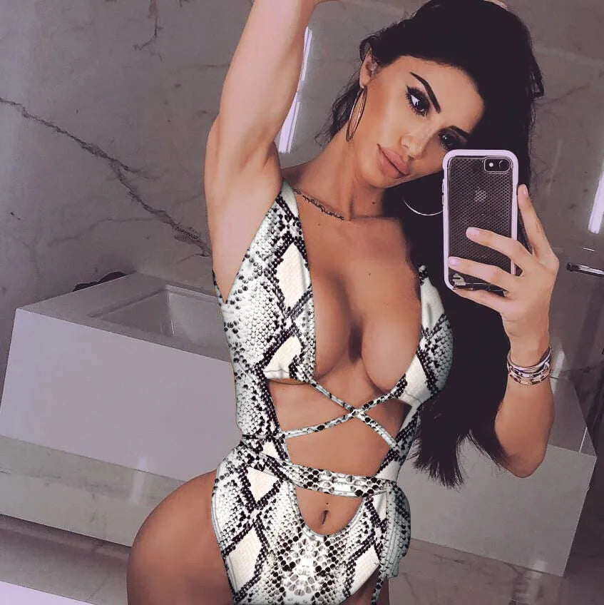 6 Colors New Sexy One Piece Swimsuit Swimwear Women Leopard Snakeskin Print Hollow Cross Straps One-piece Bathing Suit Beachwear