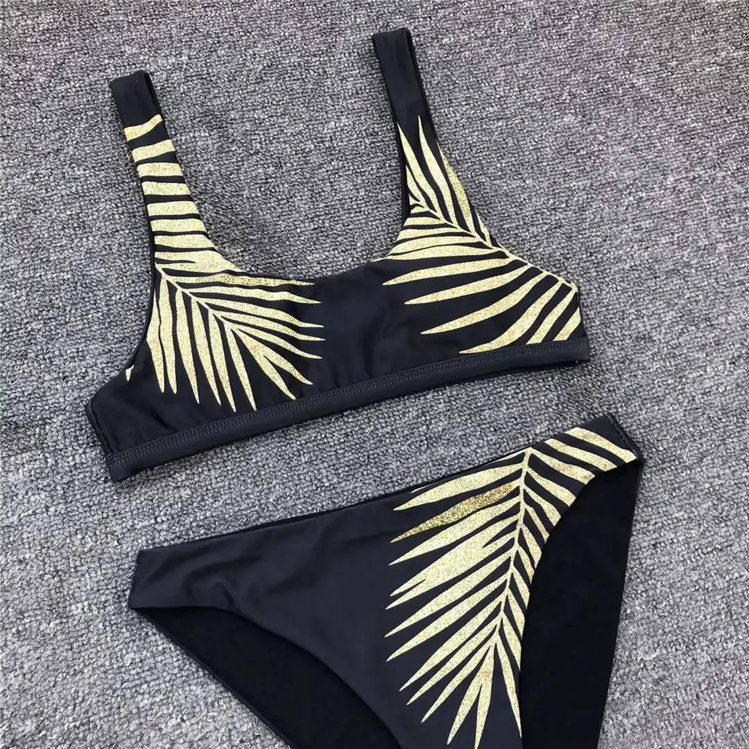 New Sexy Leaves Printed Female Swimsuit High Waist Bikini Women Swimwear Two-Pieces Bikini Set Bather Bathing Suit Swim V1795