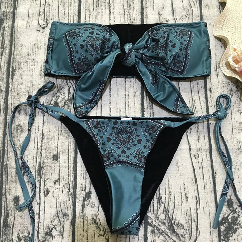 Sexy Printed Bow Knotted Bandeau Bikini 2026 Women Swimsuit Female Swimwear Two Pieces Bikini Set Tie Push Up Bathing Suit Swim
