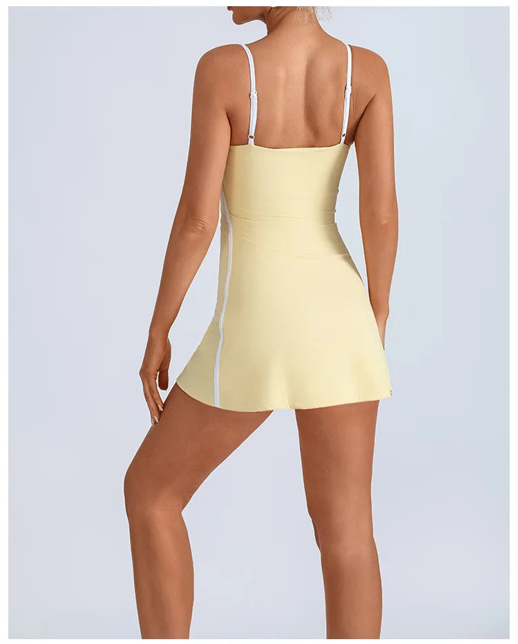Women's Tennis Dress Summer Sleeveless Pink Contrast Workout Yoga Dresses Build in Shorts Fashion Tight Fitting Skirts Suit
