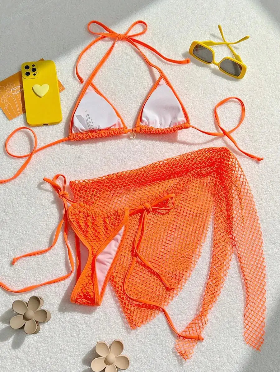 Women mesh micro mini string bikini sets 3pcs with cover skirt shell pendant swimsuit bathing suit beach outfits biquini tankini