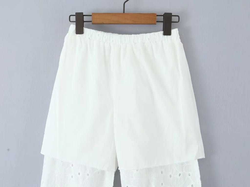 Foridol Hollow Out Cotton Women's 2 Pieces Set White Summer Pants Set Embroidery Top Pants Suit Matching Set Beach Casual Pants